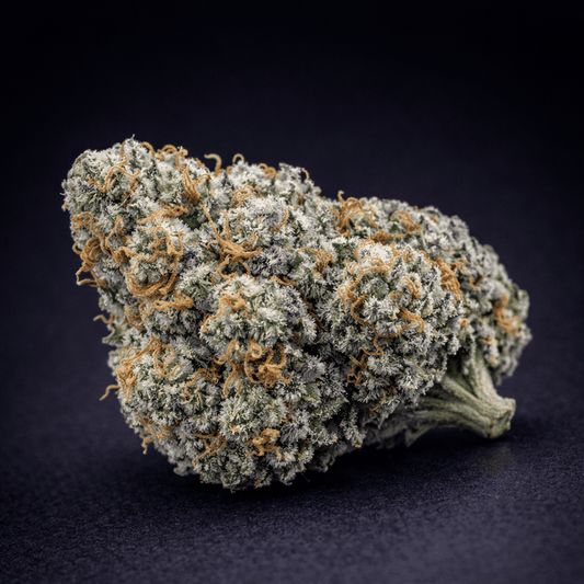 Wedding Cake cannabis strain with frosty buds and purple hues